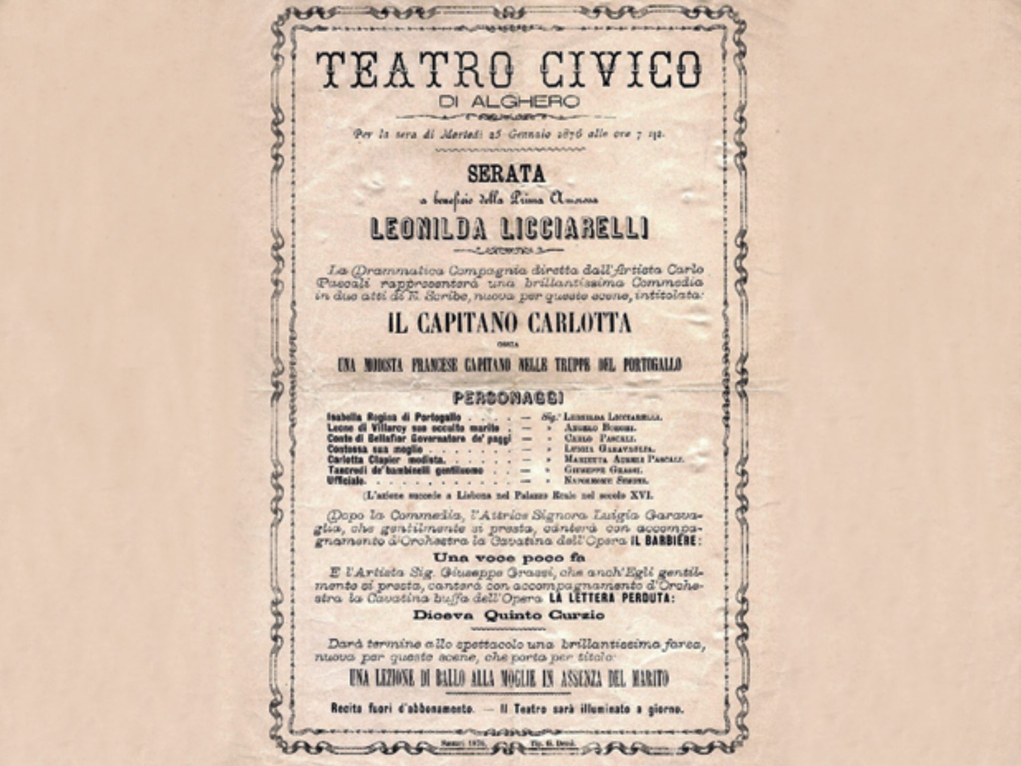 Locandina della commedia “Il capitano Carlotta”, rappresentata nel 1876. Archivio Privato Tola-Guillot.