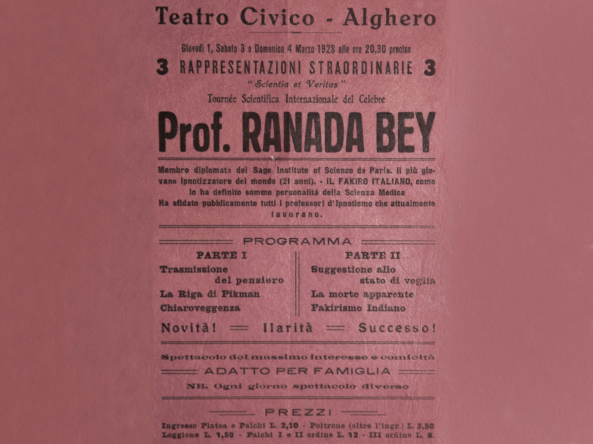 Locandina dello spettacolo di illusionismo e magia del Prof. Ranada Bey, 1928. Archivio Storico Comunale Alghero.