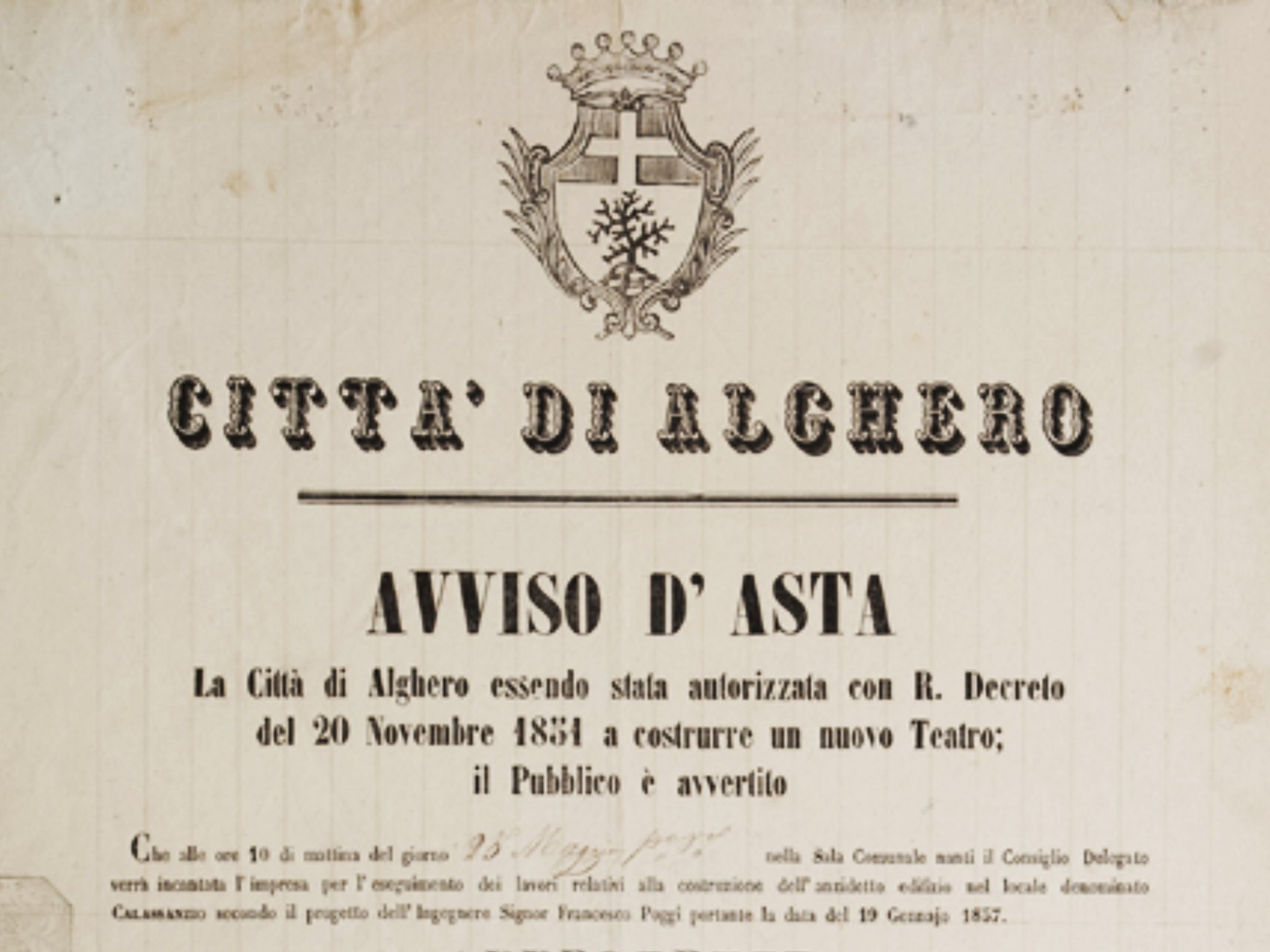 Avviso d’asta per la costruzione del nuovo teatro, 1854. Archivio Storico Comunale Alghero.