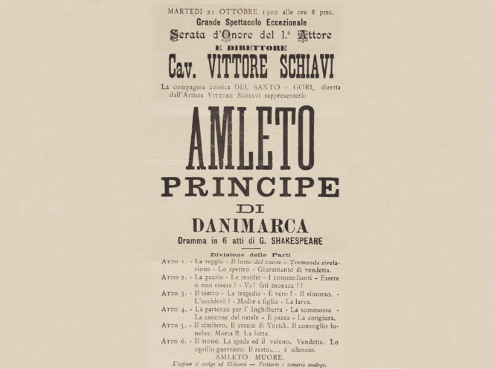 Locandina della tragedia di Shakespeare “Amleto”, rappresentata nel 1902. Archivio Storico Comunale Alghero.
