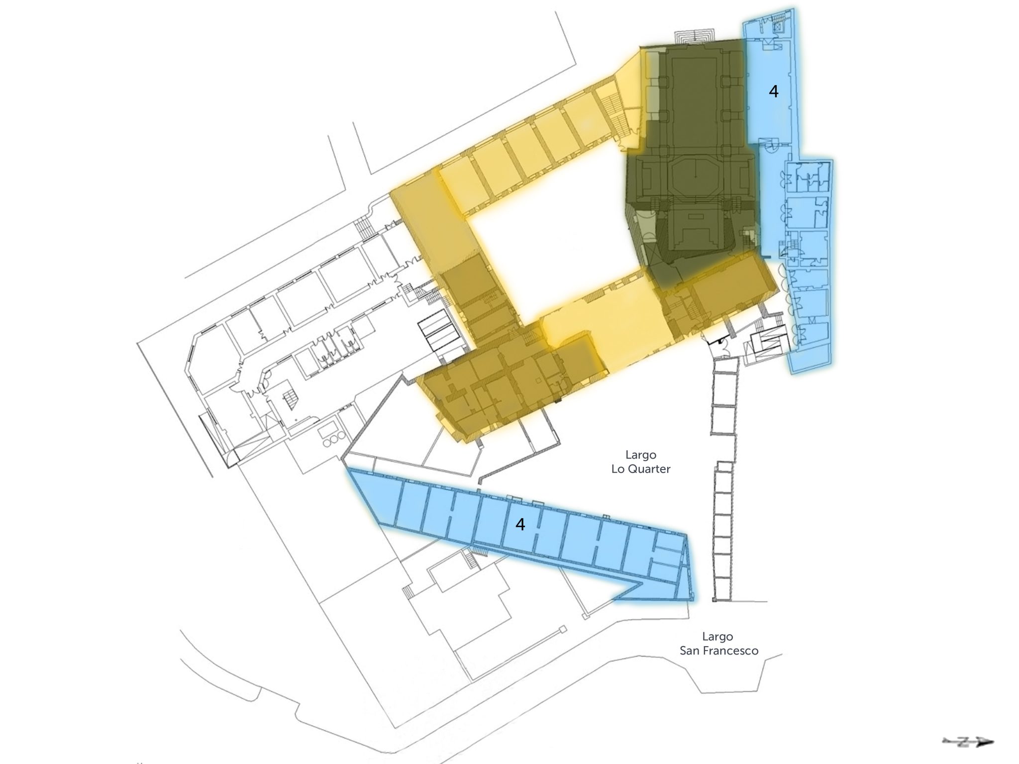 Mappa del quarto blocco di fabbrica del complesso; in giallo il resto della caserma.
